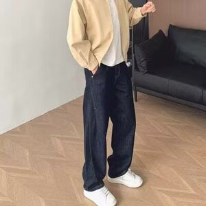 原色牛仔春秋季美式时尚复古弯刀裤牛仔裤男款宽松直筒阔腿长裤子图片