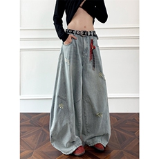 2026春季新款痞帅高街拼接破洞廓形弯刀牛仔裤男N5315-特P48控88，男装牛仔裤，电商A001