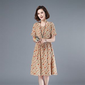 2021年夏季通勤韩版中长款A字裙圆领印花圆点套头40-49周岁裙子图片