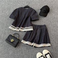 女夏季新款韩版时尚休闲套装花边设计圆领短袖上衣阔腿短裤两件套，女装套装/套裙，江南