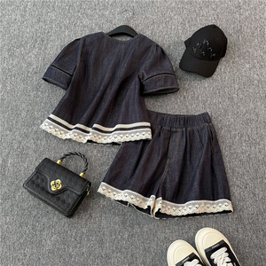 女夏季新款韩版时尚休闲套装花边设计圆领短袖上衣阔腿短裤两件套图片