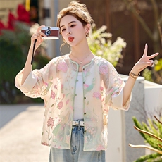 欧根纱刺绣薄款防晒衣外套女2025春夏新款名媛气质新中式开衫上衣，女装短外套，沁沁公主