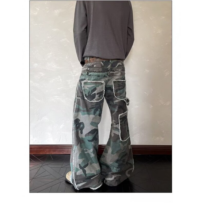 网图美式复古迷彩工装裤男女高街宽松直筒微喇vibe休闲裤子,男装工装外套,四季星座505