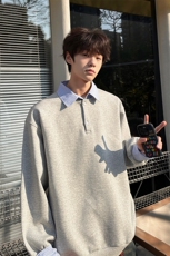 8XL-M韩版假两件撞色拼接卫衣长袖男翻领宽松套头上衣WY16P68，男装卫衣，电商D206-1