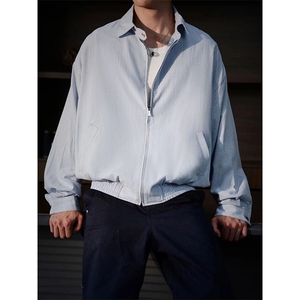 蓝白条纹衬衫夹克男款秋季潮牌cleanfit短款棒球服外套W6665-P71图片