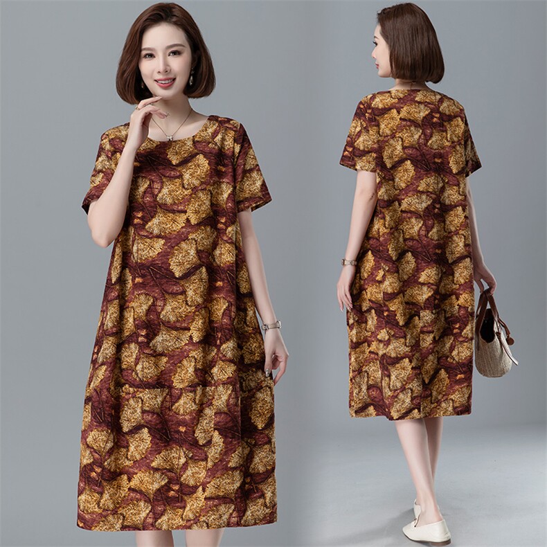 树叶花短袖夏女连衣裙2023年新款宽松休闲复古印花妈妈中长款裙子，女装连衣裙，阿丹