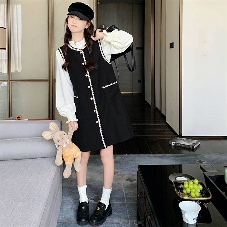 黑色小香风无袖连衣裙套装裙2025新款女春秋木耳边长袖上衣两件套图片