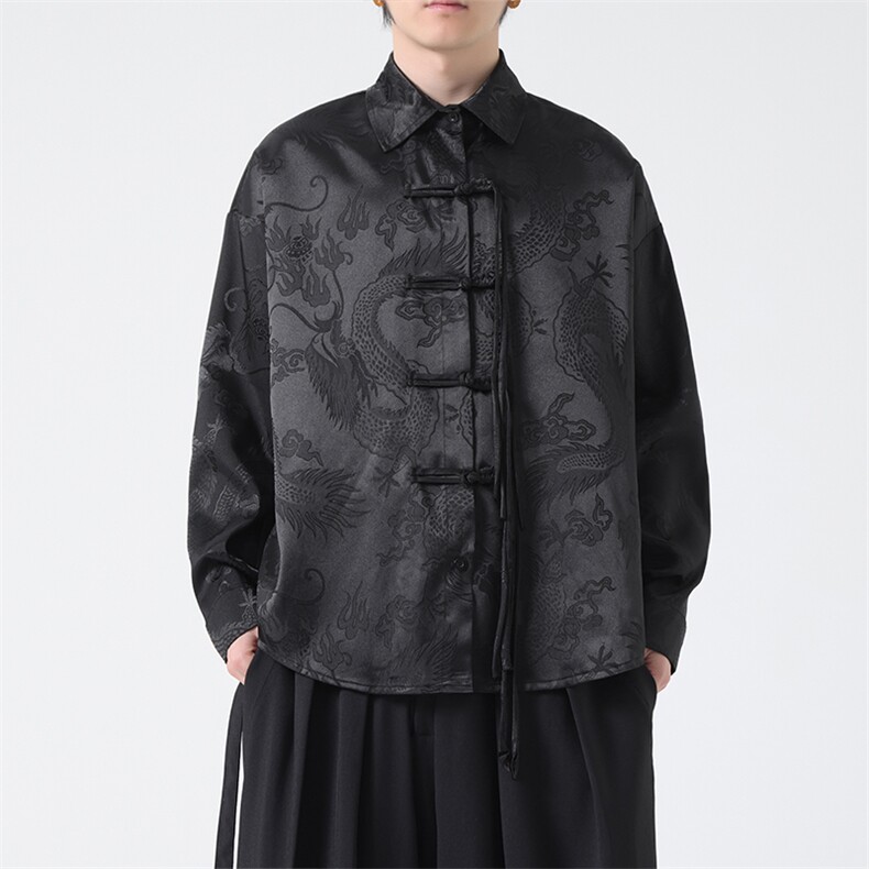 C8608P65无影墻爆龙提花新中式风暗黑风唐装汉服衬衫盘扣，男装衬衫，电商A026