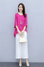 2021夏季新款简约气质圆领时尚图案刺绣宽松休闲舒适棉麻两件套，女装套装/套裙，众宇琦