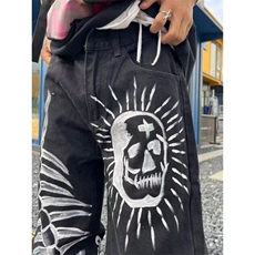 涂鸦骷髅印花复古牛仔裤男女同款潮牌小众街头嘻哈直筒宽松长裤春，男装牛仔裤，星座506A