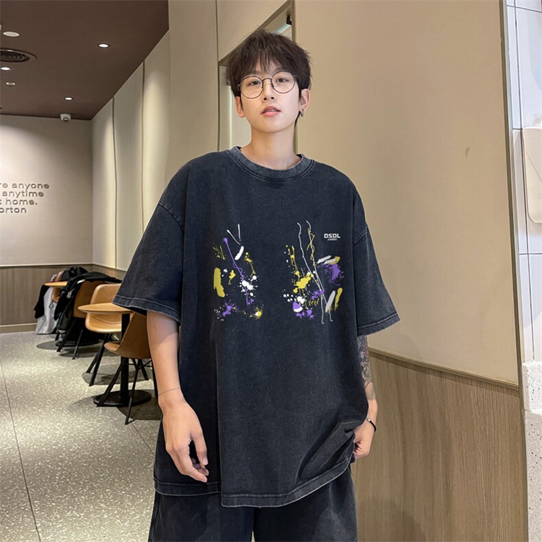 量大优供视频240g重磅美式炒雪花水洗做旧短袖t恤STX529-特P25,男装T恤,电商B371