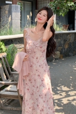 显瘦女装复古洋气时尚套装针织高腰法式长袖气质裙子蕾丝碎花夏季，女装连衣裙，2D075