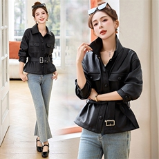 皮衣外套女2025年新款春秋高级感小个子收腰修身显瘦短款翻领夹克，女装皮衣，布芭啦