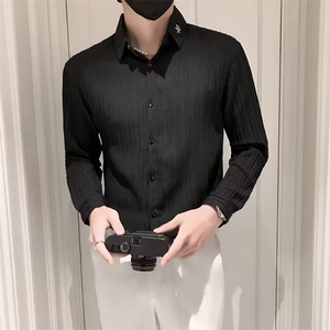 黑色衬衫男长袖条纹纯色痞帅上衣外套休闲男装冰丝白衬衣 C304图片