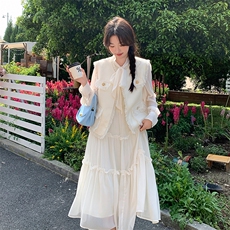 法式小香风流苏马甲连衣裙两件套女春秋新款轻熟风白色气质长裙子，女装套装/套裙，纯色衣恋