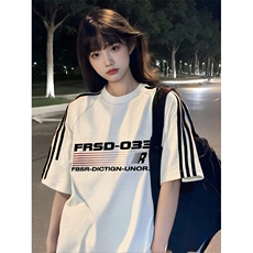 抖音得物高品质二开240克宽松纯棉美式潮牌三条杠织带短袖T恤，男装T恤，电商A486-1