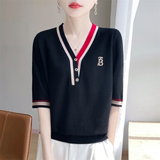 夏季新款莱赛尔天丝撞色V领刺绣短袖女宽松百搭显瘦时尚休闲上衣，女装T恤，暖娇绒包芯纱店
