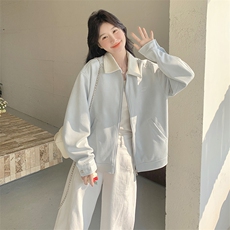 蓝色翻领短款外套女2025秋季新款小个子宽松时尚百搭夹克休闲夹克，女装短外套，2C232