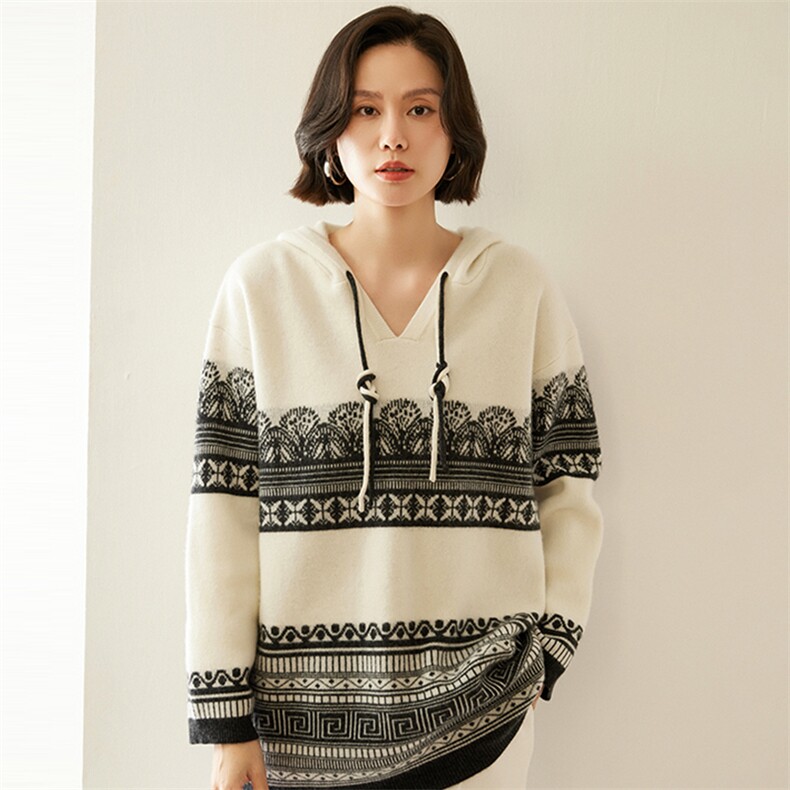 2024秋冬新款35%羊绒女士提花中长羊绒帽衫，女装羊绒衫，纳丰羊绒