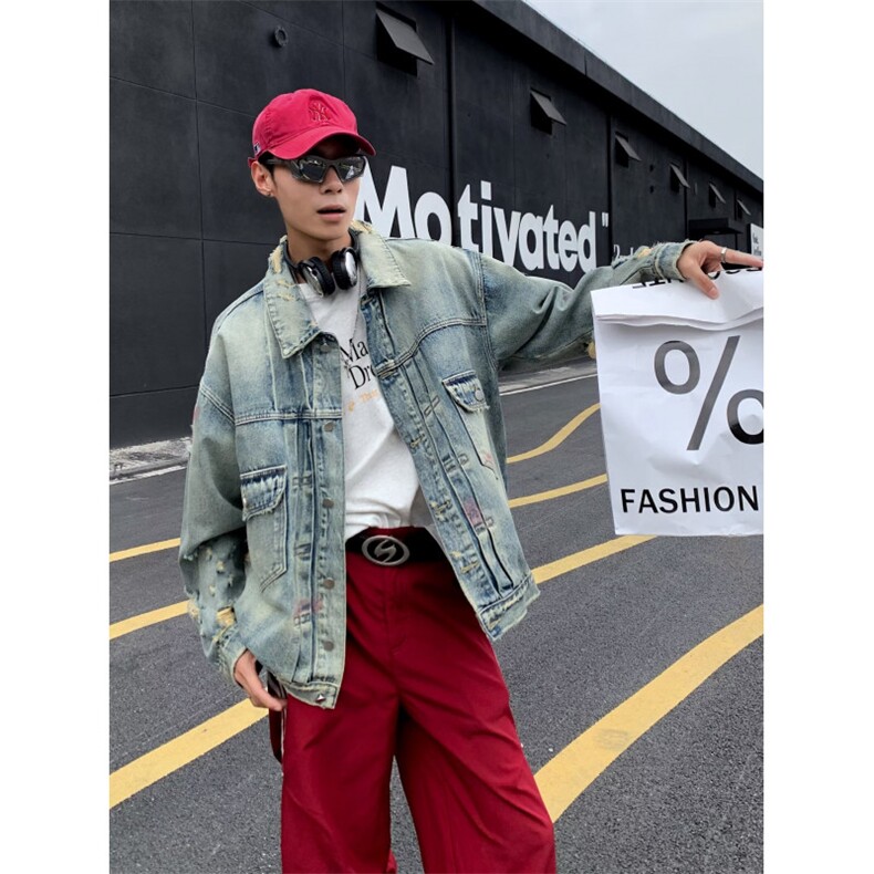 春秋季美式高街机车牛仔外套男款水洗做旧潮牌宽松休闲拉链夹克,男装工装外套,星座1013