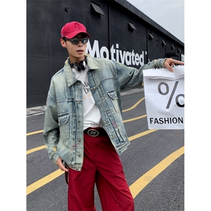 春秋季美式高街机车牛仔外套男款水洗做旧潮牌宽松休闲拉链夹克图片