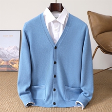 秋冬新款纯色针织v领开衫带兜，男装针织衫/毛衣，冬季工坊