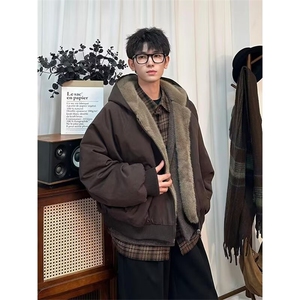 美式复古座山雕短款连帽毛领棉服女冬派克服棉衣外套图片