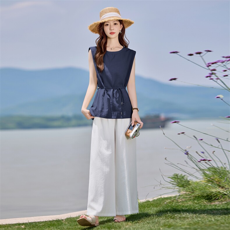 两件套套装女2025夏季新款超火棉麻减龄显瘦穿搭一整套高腰阔腿裤，女装套装/套裙，依路服饰