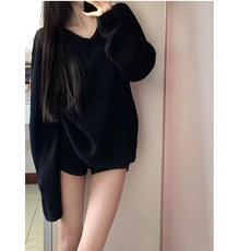 宽松V领黑色毛衣女慵懒风秋冬新款高级松弛感套头针织衫外穿上衣，女装针织衫/毛衣，星座506A