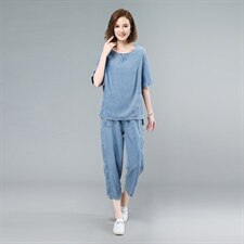 2021夏季新款简约时尚个性气质圆领拼接水洗牛仔套装，女装套装/套裙，叶笙衣