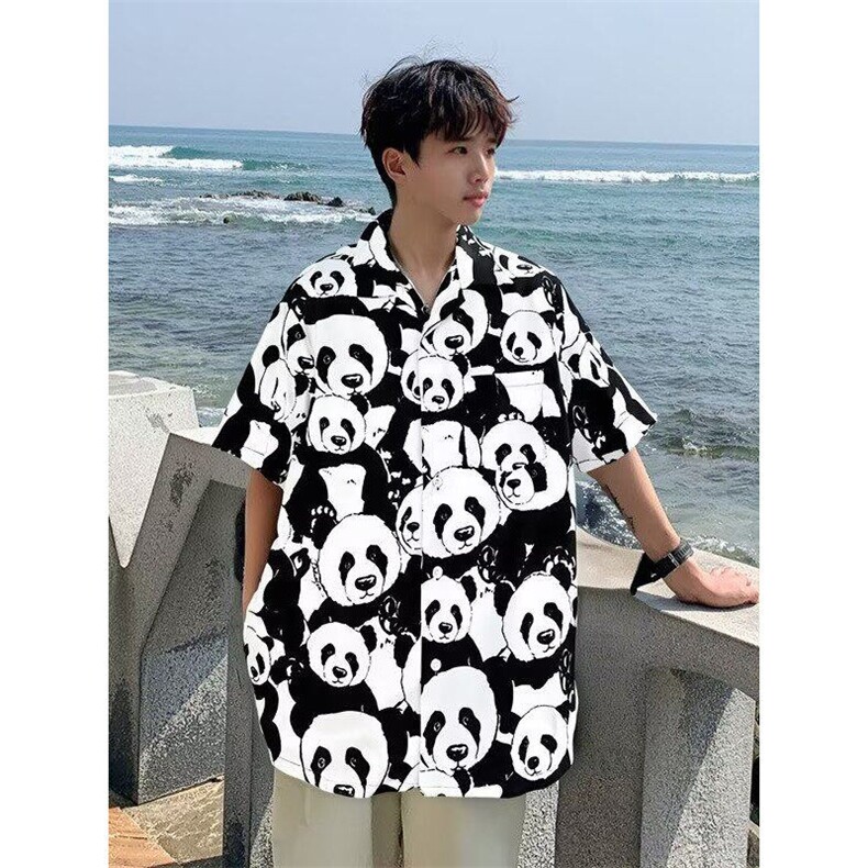 夏季潮流熊猫满印短袖衬衫男士痞帅潮牌外穿沙滩五分衬衣HX92,男装衬衫,星座1116A-1（原606A）