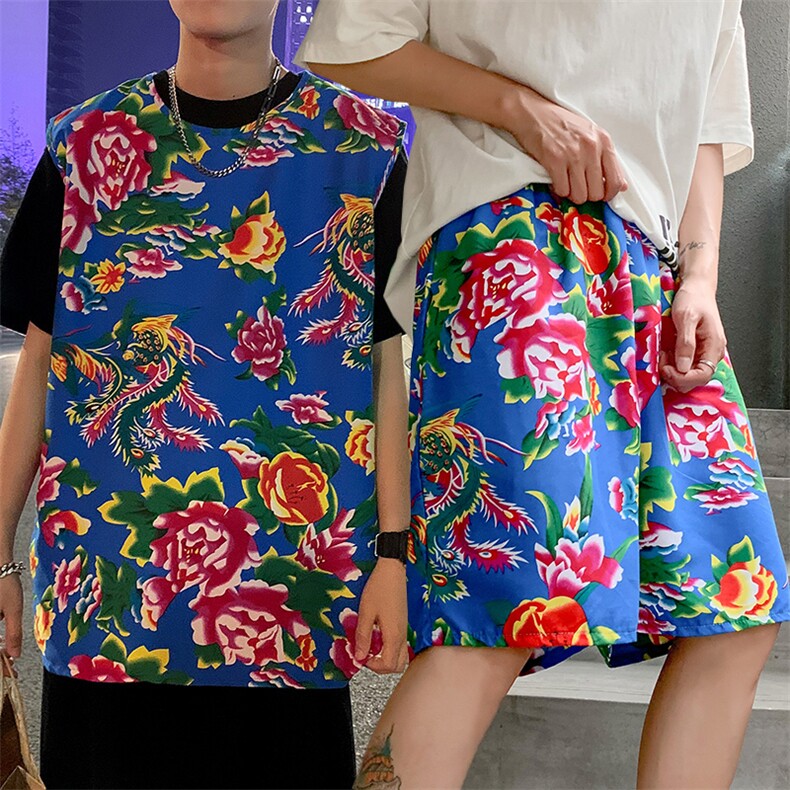 TZ01男士休闲大码东北大花T恤短裤套装男女运动休闲装风特色图片