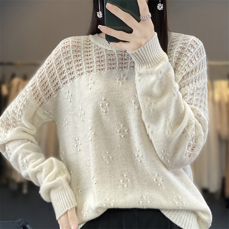 2025年秋季新款镂空疙瘩针织衫时尚休闲宽松，女装针织衫/毛衣，奢优羊绒