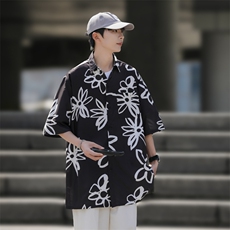 2025夏装花朵印花短袖冰丝衬衫男女潮流衬衣C309P35白，男装T恤，电商C323