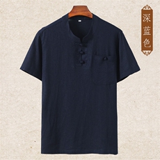 主推款现货高端夏季男士中年亚麻短袖T恤中老年棉麻衬衫短袖半袖，男装T恤，钱塘723