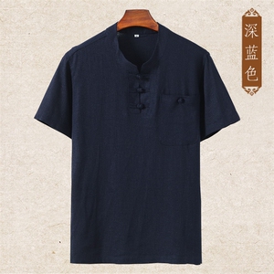 主推款现货高端夏季男士中年亚麻短袖T恤中老年棉麻衬衫短袖半袖图片