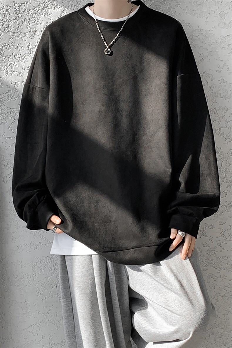 5XL-M大码卫衣男2024春麂皮绒潮流落肩圆领宽松长袖T恤WY09特P28,男装T恤,电商D206-1