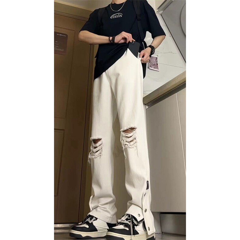 美式高街ins小众拉链hiphop排扣破洞休闲牛仔裤货号K642P60控78,男装牛仔裤,电商A063