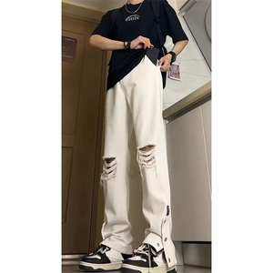 美式高街ins小众拉链hiphop排扣破洞休闲牛仔裤货号K642P60控78
