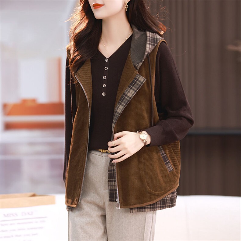 原创品牌女装旗舰店秋季2023新款洋气灯芯绒格子连帽马甲外套,女装马甲,丽影随形
