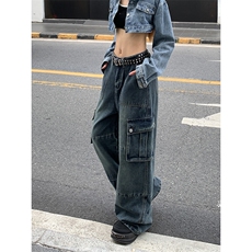 新款潮牌运动裤ins风设计感高街牛仔裤休闲宽松裤子K590TP60控89，男装牛仔裤，电商A102B