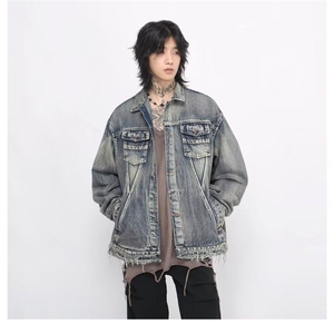 W9507-P73 网图现货 新款美式高街宽松牛仔长袖外套复古翻领夹克图片