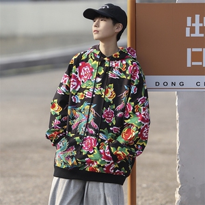 W204秋新款男女团队服大花连帽卫衣外套潮民族特色花卫衣情侣装图片