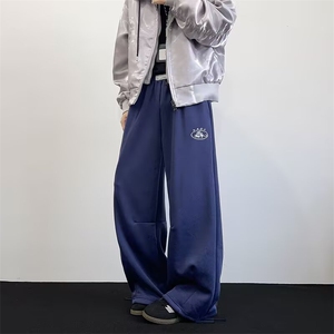 灰色美式运动裤女秋冬大码宽松显瘦休闲裤字母直筒阔腿卫裤图片