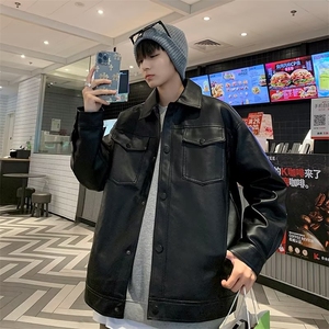 外套男秋季宽松工装皮夹克美式复古机车皮衣炸街男装PY109 P60图片