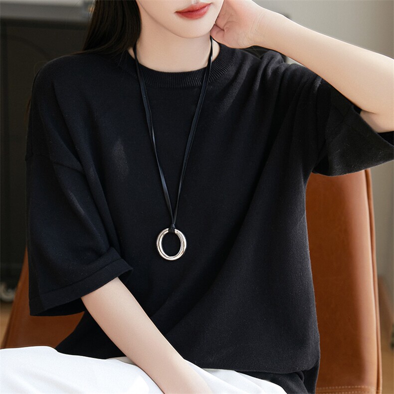 法式中长款短袖纯棉T恤女2025新款宽松显瘦遮肉遮胯针织半袖棉t恤,女装T恤,美雪羊绒
