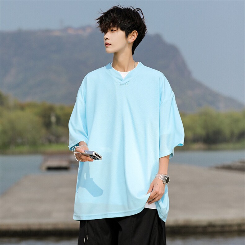 8XL-M短袖t恤男款夏季薄款垂感小V领七分袖加肥加大码DT005特P20,男装T恤,电商B312
