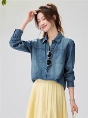 2026春夏新款复古水洗牛仔衬衫女宽松显瘦叠穿长袖衬衣外套休闲，女装衬衫，艾米