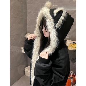 现货重磅硬挺boxy羽绒棉衣座山雕猫耳大毛毛领麂皮棉服冬外套图片