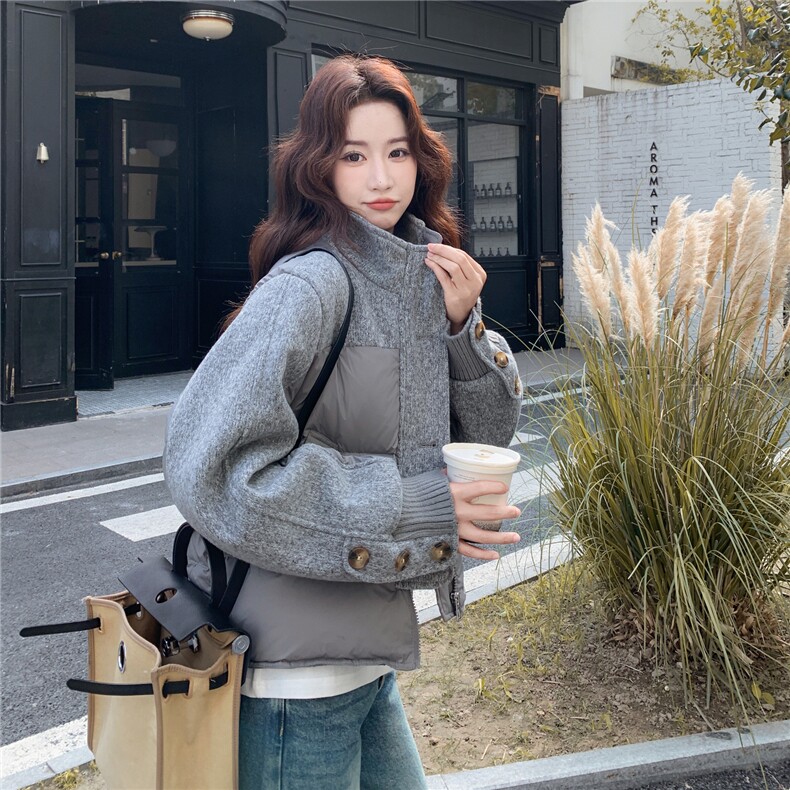 新品针织毛呢拼接短款羽绒服50白鸭绒2C271-9571-P245-K335,女装羽绒服,2C271